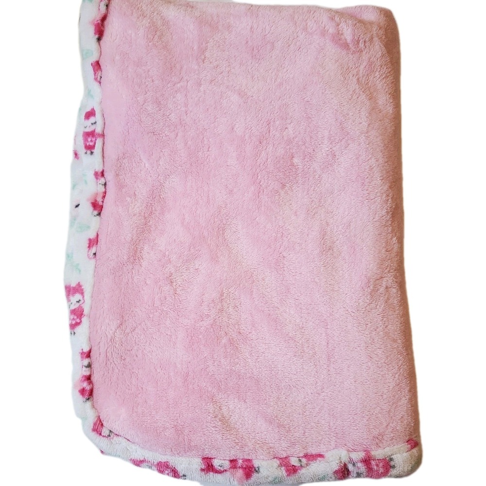 Le Bebe Favorite Pink Baby Blanket Owls Green Leaf White Trim‎ Plush Luxe Sleep